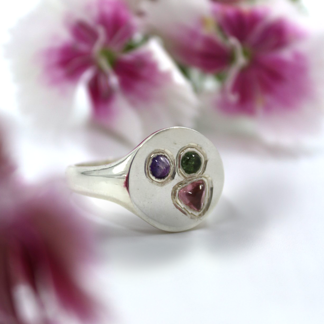 Amethyst, Pink Tourmaline, Green Tourmaline Why so serious Ring