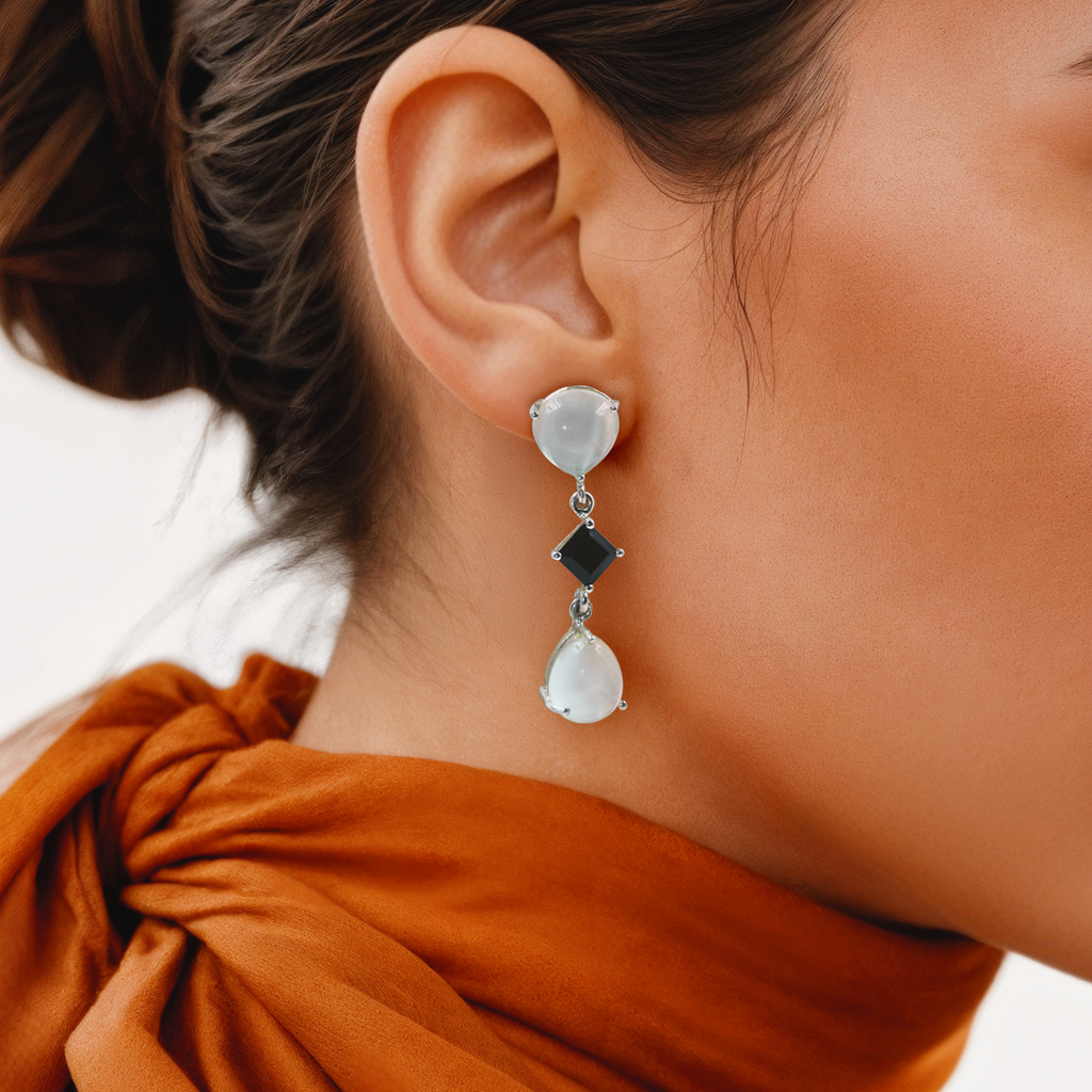 Ying Yang Earrings in Moonstone and Onyx