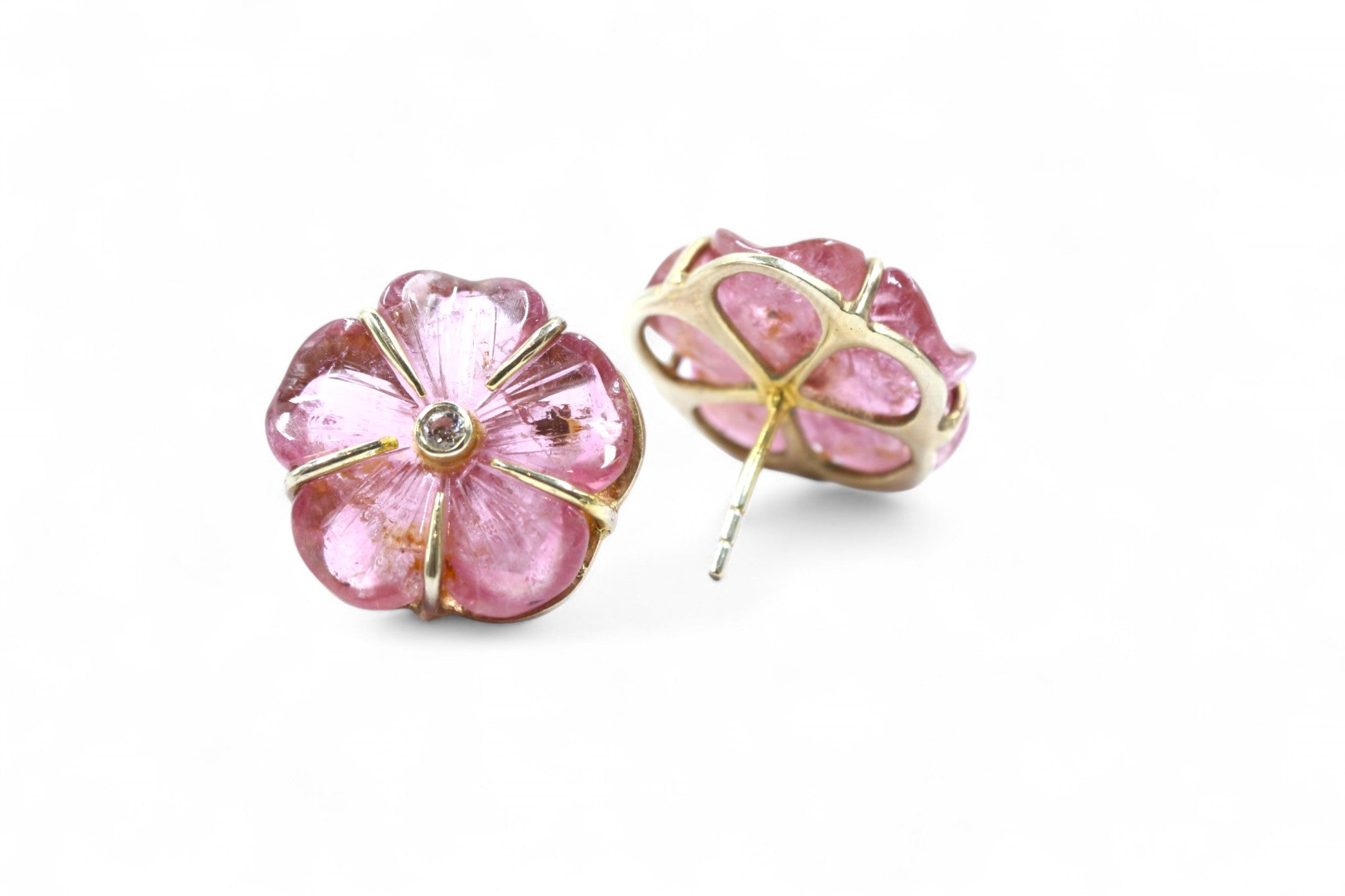 Carved flower earring in Pink Tourmaline