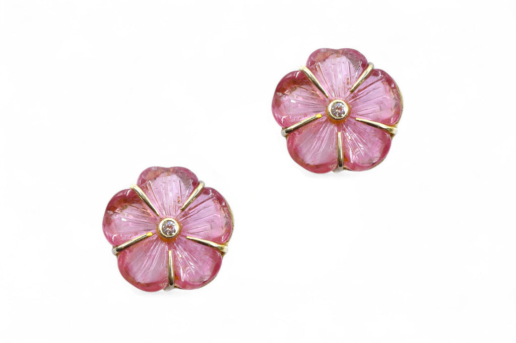 Carved flower earring in Pink Tourmaline
