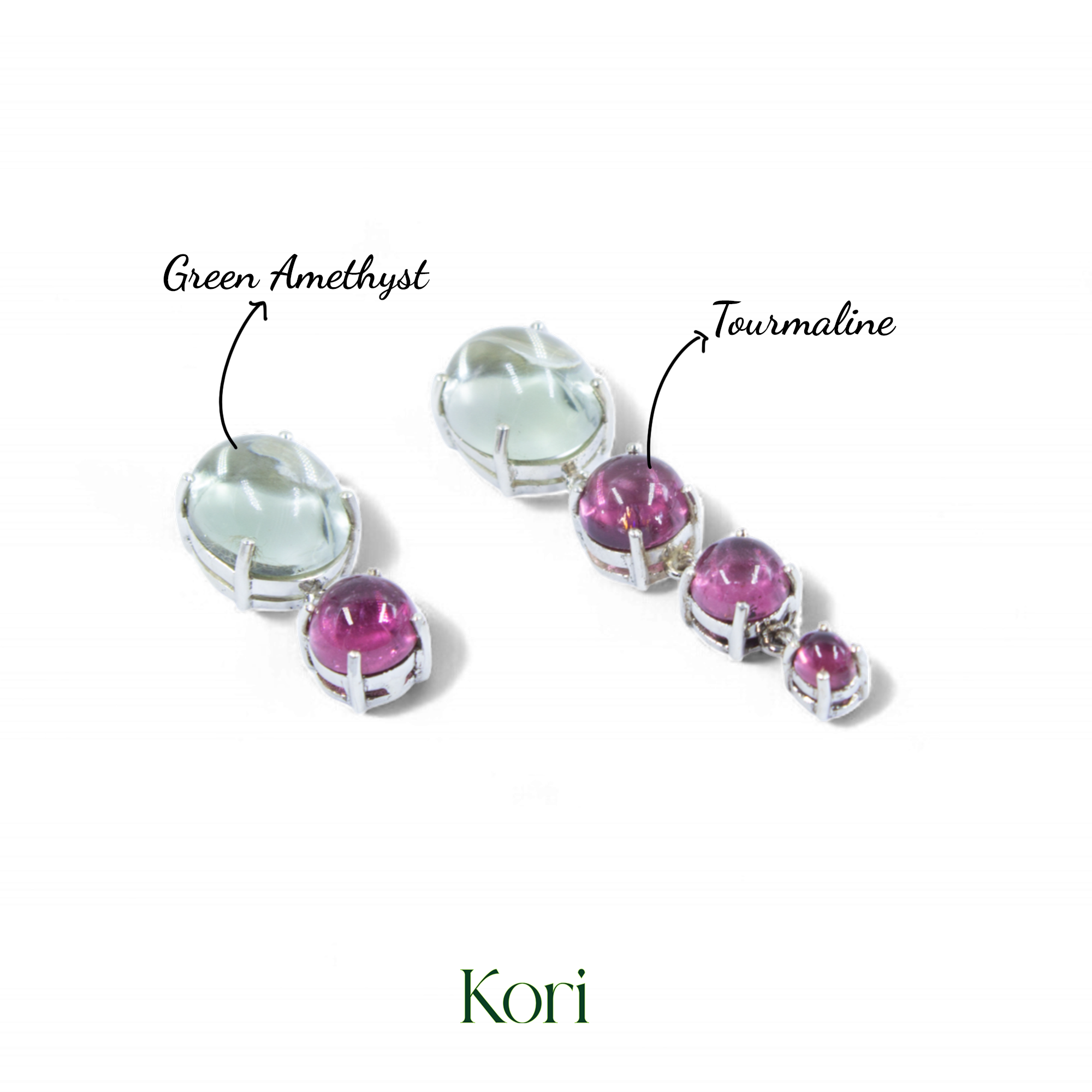 Asymmetric Earring in Green Amethyst and Pink Tourmaline