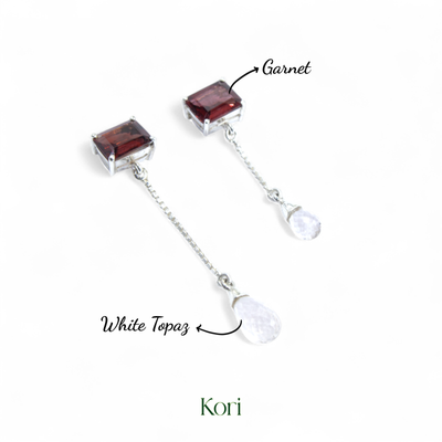 Asymmetric Earrings in Garnet and White Topaz