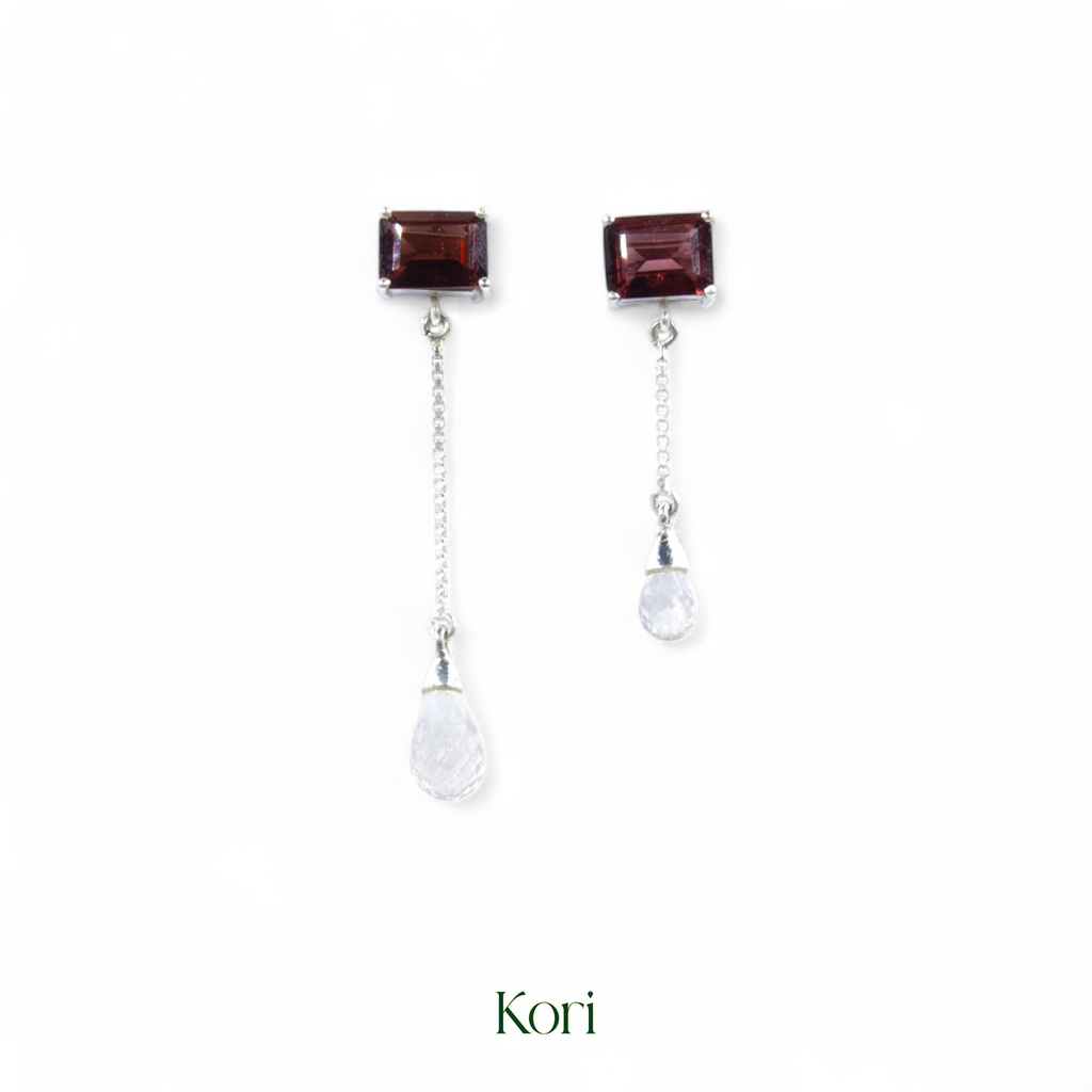Asymmetric Earrings in Garnet and White Topaz