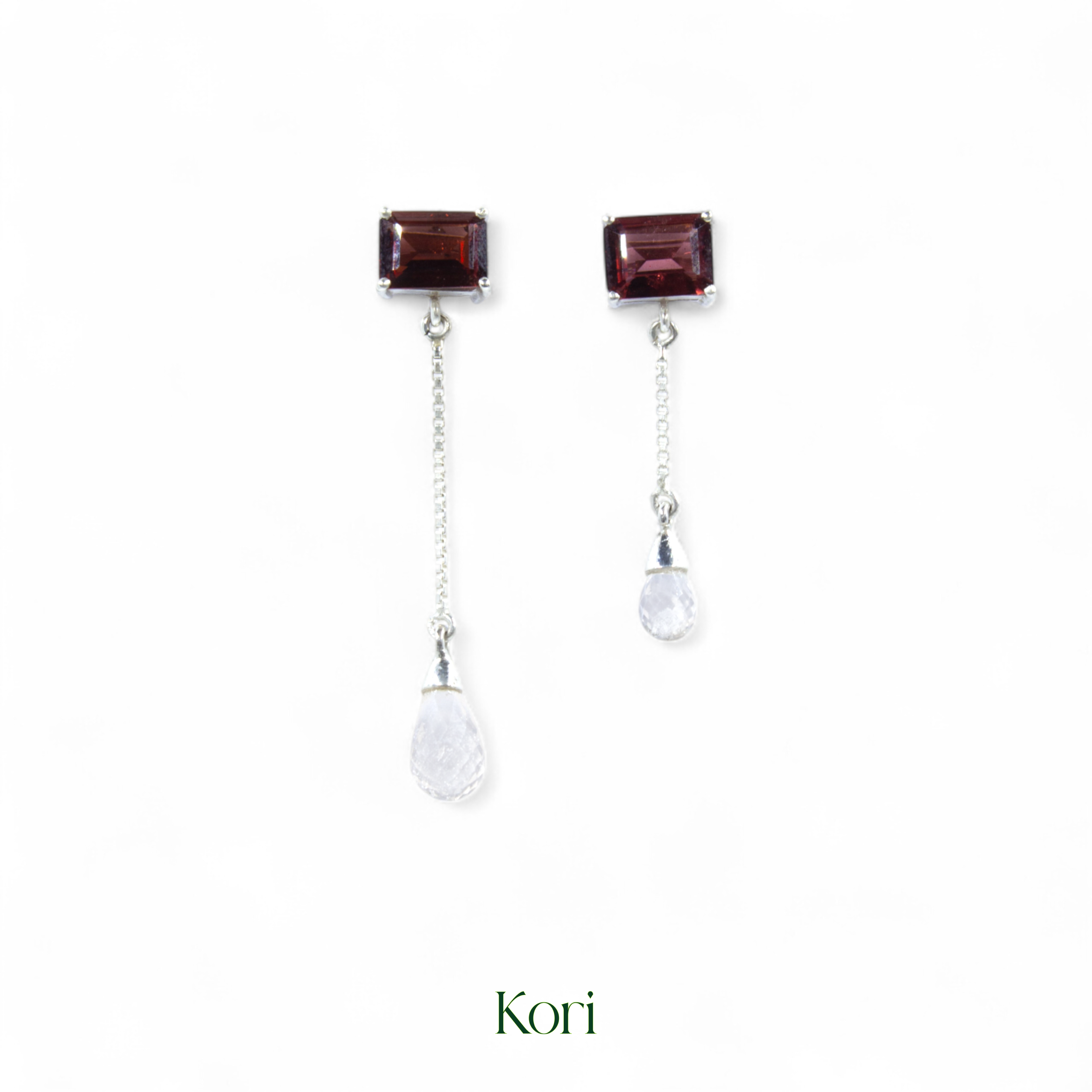 Asymmetric Earrings in Garnet and White Topaz