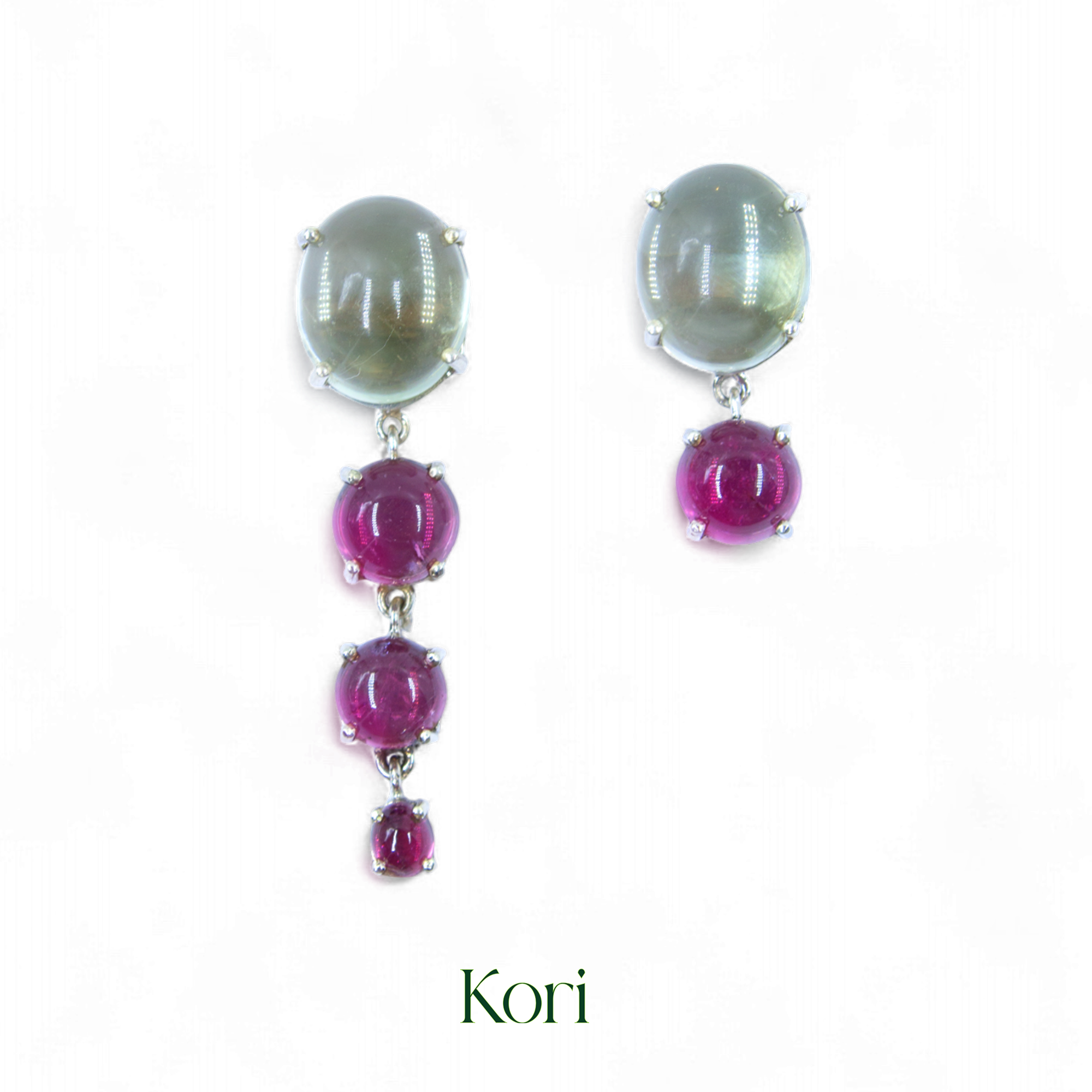 Asymmetric Earring in Green Amethyst and Pink Tourmaline