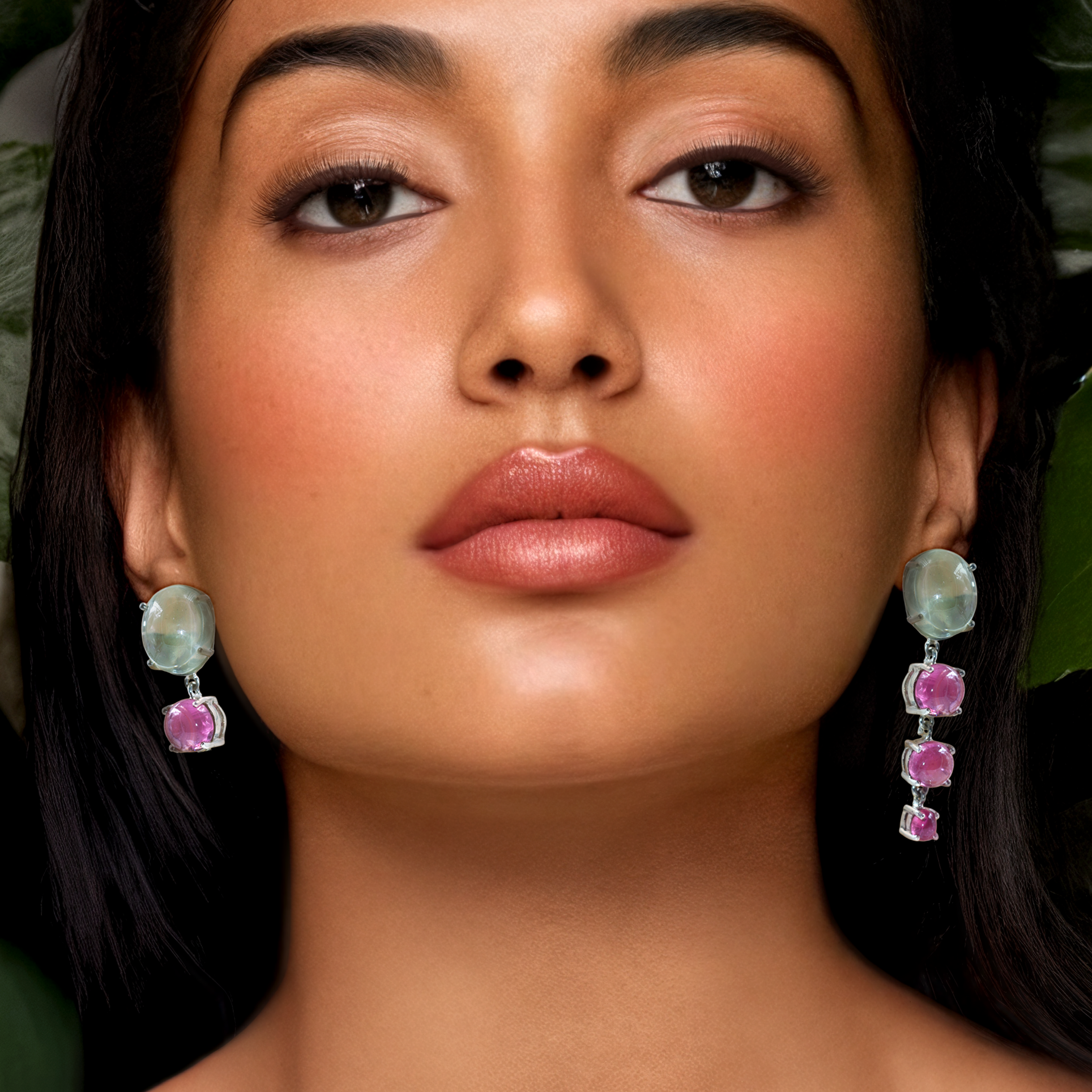Asymmetric Earring in Green Amethyst and Pink Tourmaline