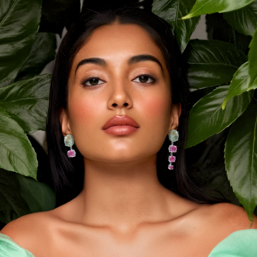 Asymmetric Earring | Green Amethyst | Pink Tourmaline