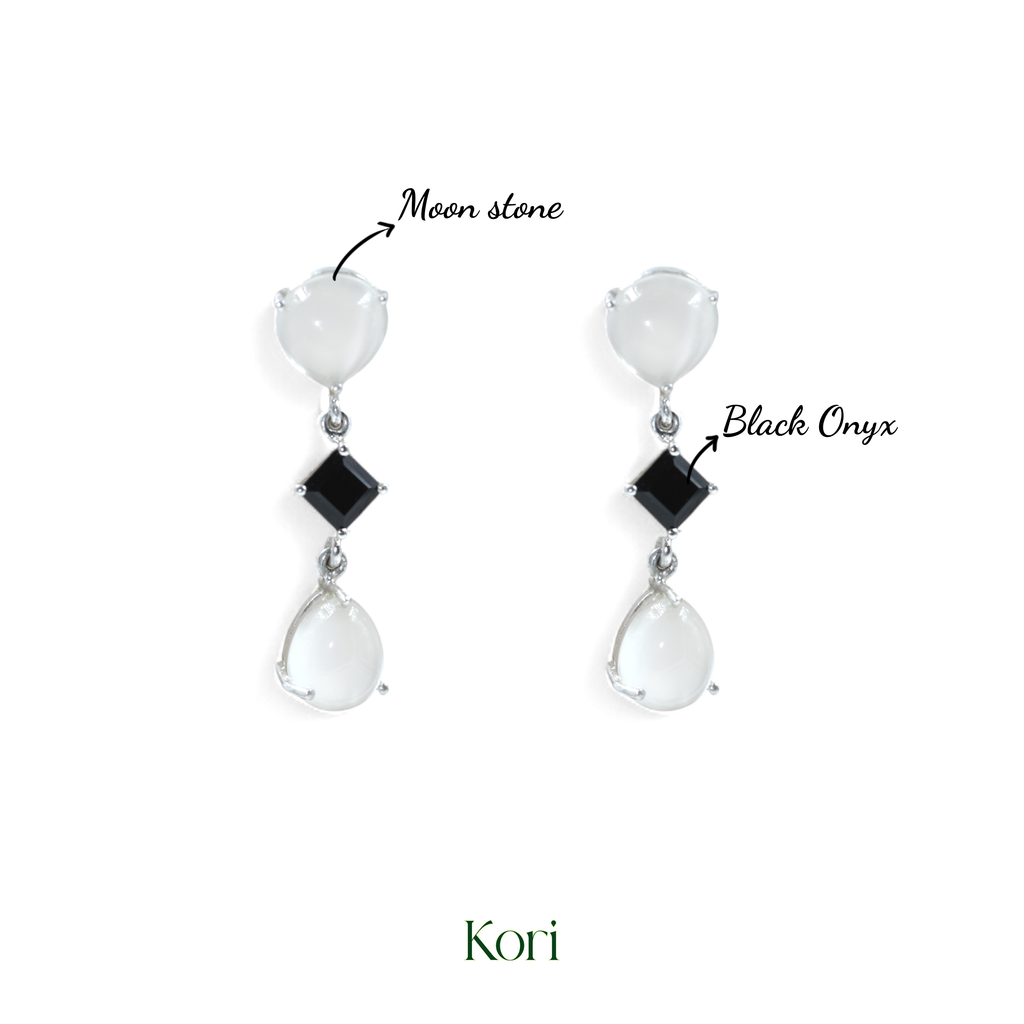 Ying Yang Earrings in Moonstone and Onyx