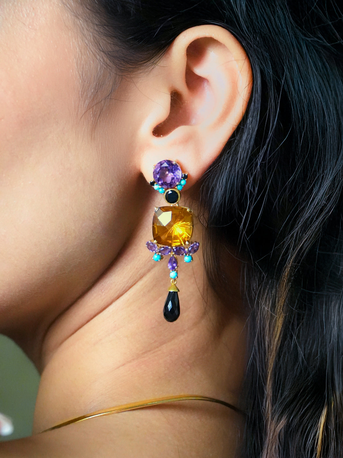 Cocktail Earrings in Amethyst and Whiskey Quartz