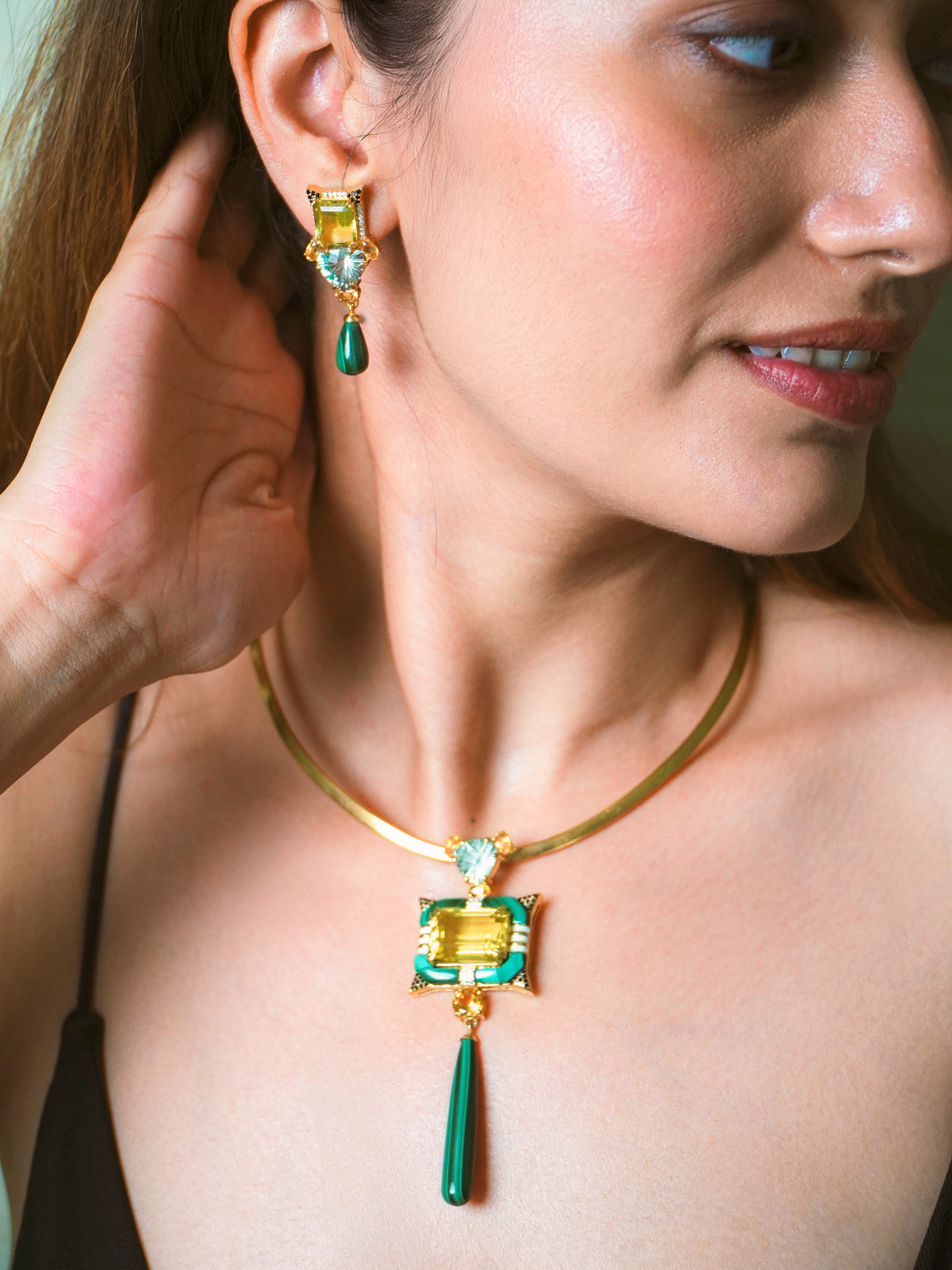 Enchanted Pendant in Malachite and Lemon Topaz