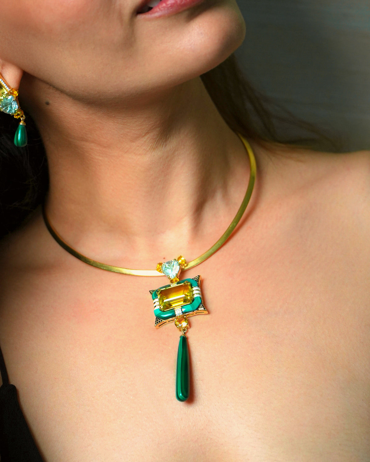 Enchanted Pendant in Malachite and Lemon Topaz