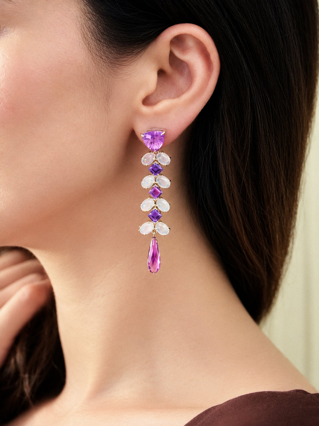 Cocktail Earrings in Chalcedony and Amethyst