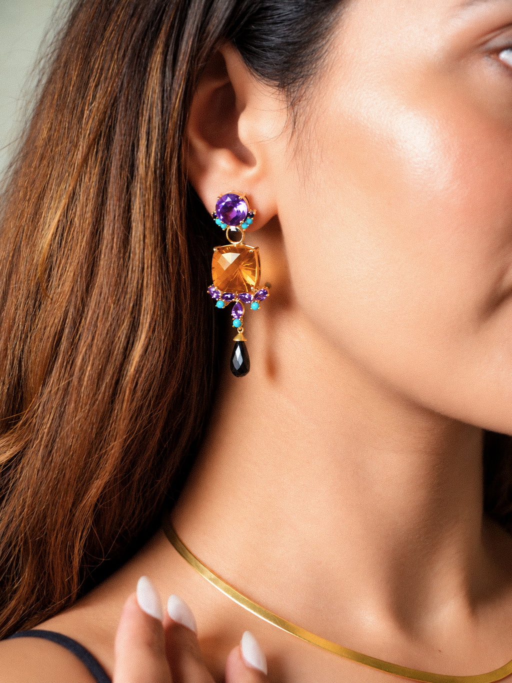 Cocktail Earrings in Amethyst and Whiskey Quartz