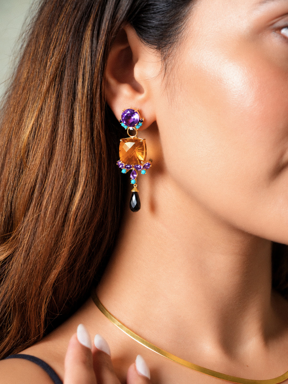 Cocktail Earrings in Amethyst and Whiskey Quartz