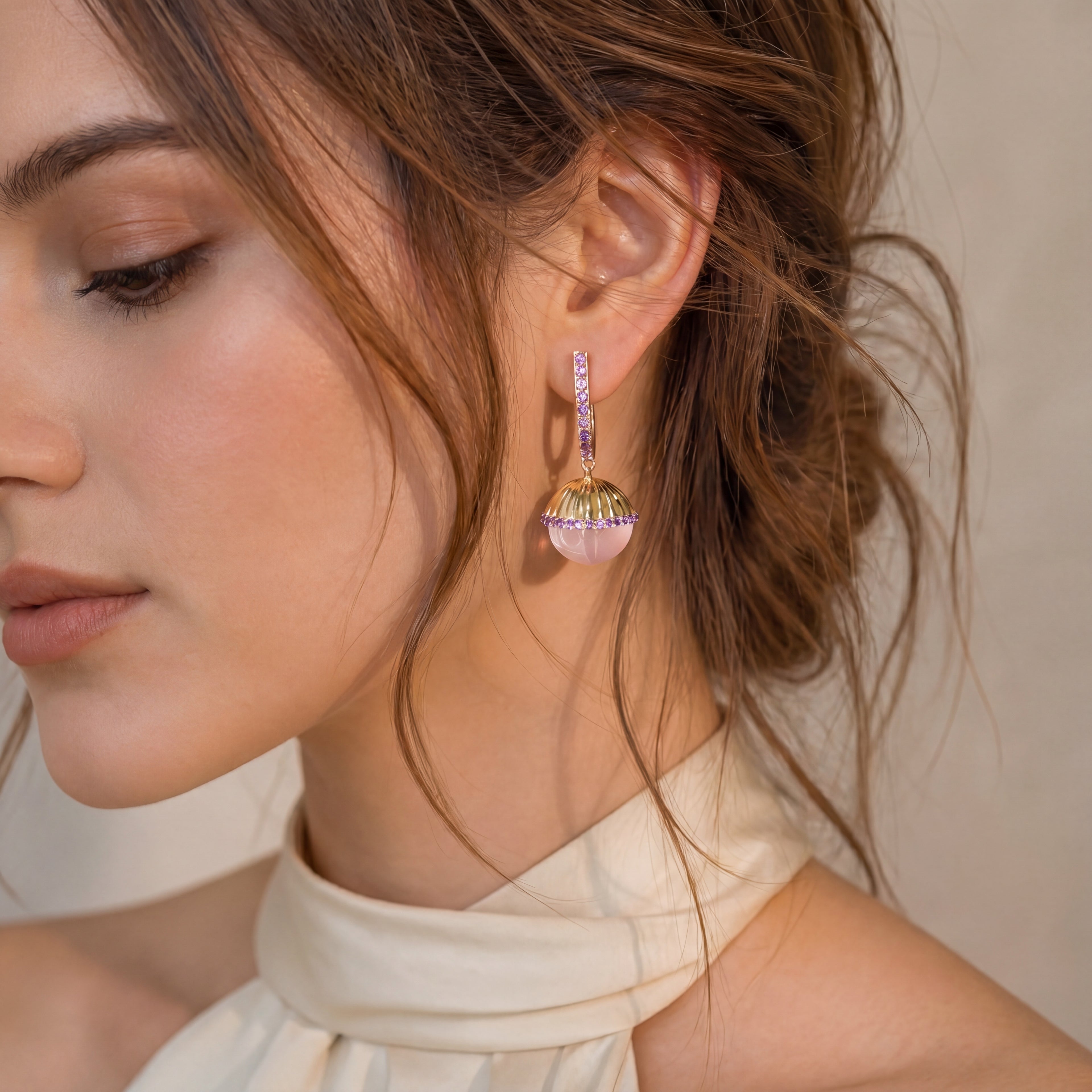 Rose Dome Earrings | Rose Quartz | Amethyst