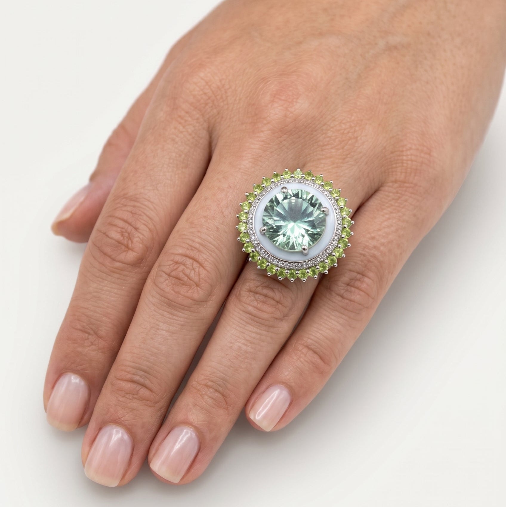 Green Fire Ring | Green Amethyst | Peridot | White Enamel