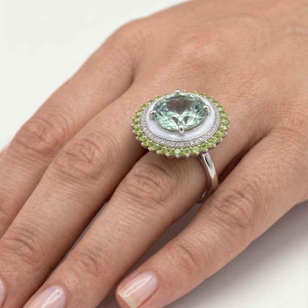 Green Fire Ring | Green Amethyst | Peridot | White Enamel