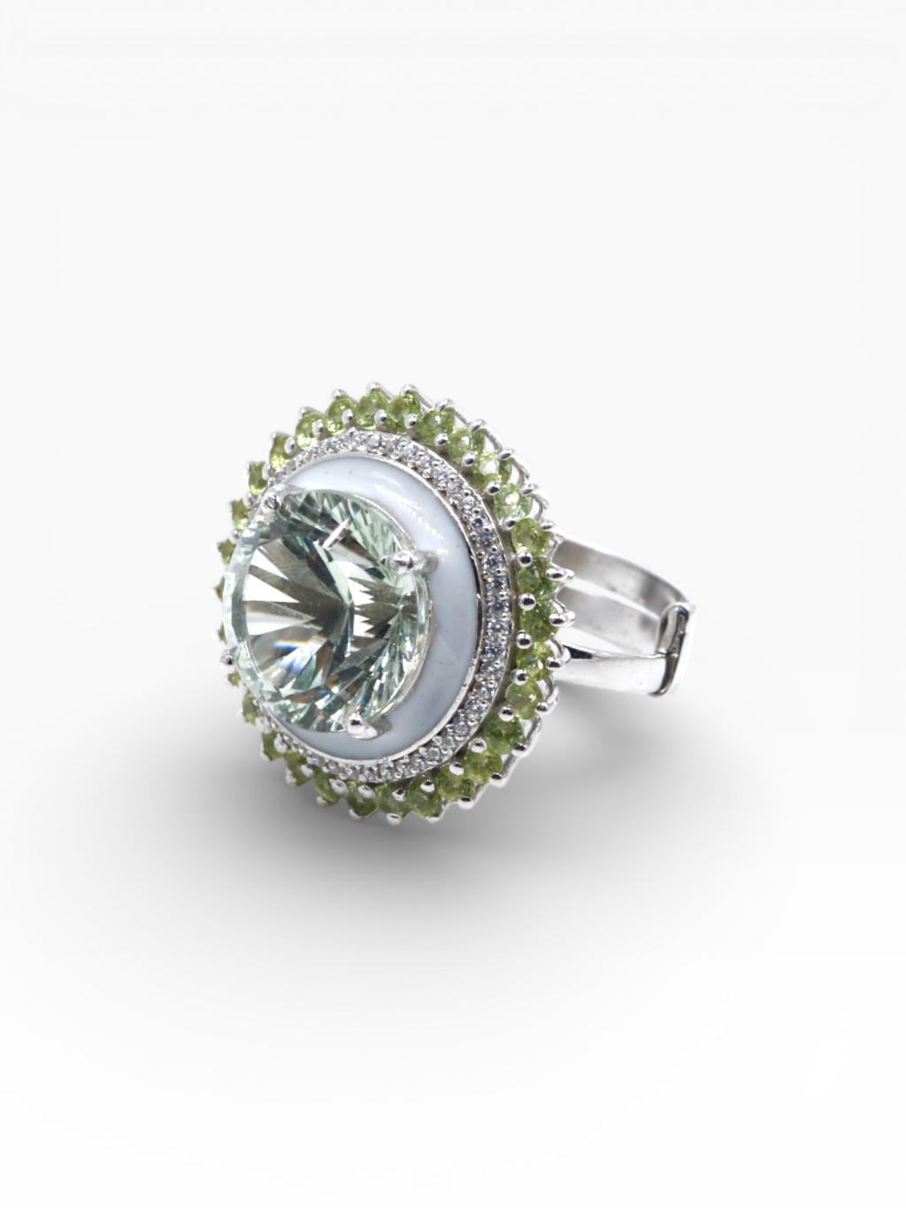 Green Fire Ring | Green Amethyst | Peridot | White Enamel