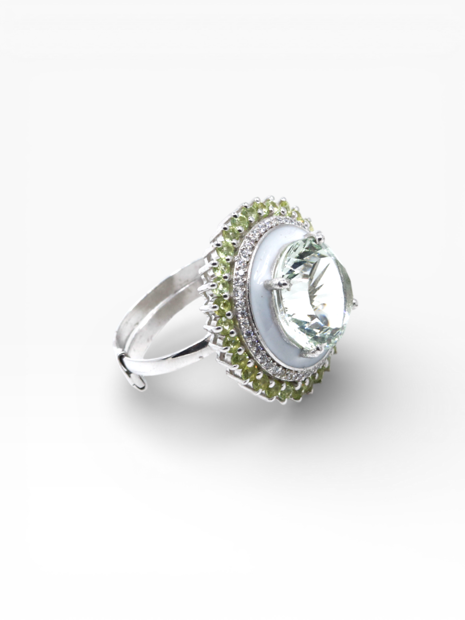 Green Fire Ring | Green Amethyst | Peridot | White Enamel