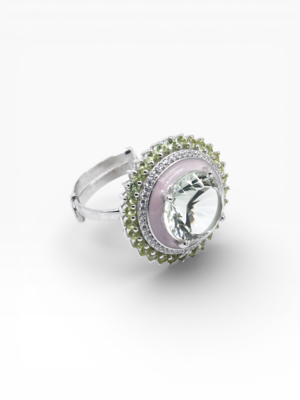 Green Fire Ring | Green Amethyst | Peridot | Pink Enamel
