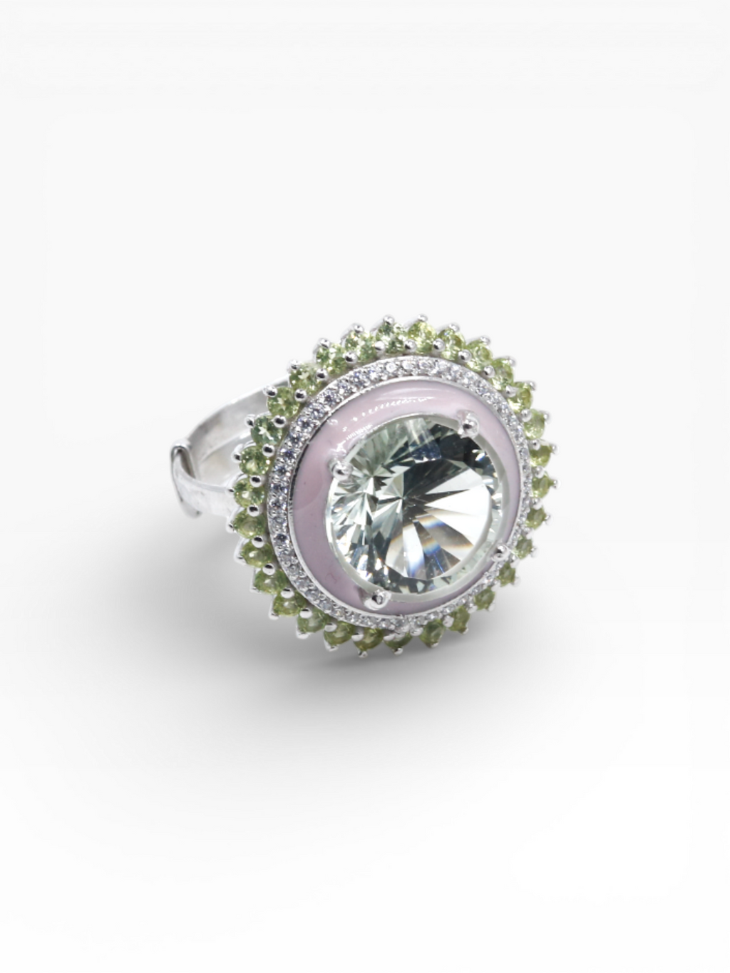 Green Fire Ring | Green Amethyst | Peridot | Pink Enamel