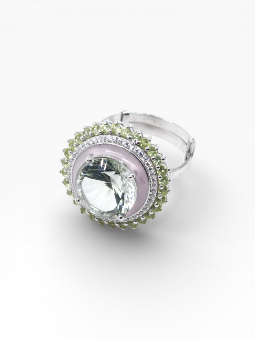 Green Fire Ring | Green Amethyst | Peridot | Pink Enamel